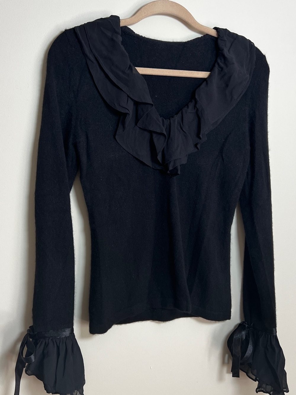 Black Ruffle V-Neck Long Sleeve Top
